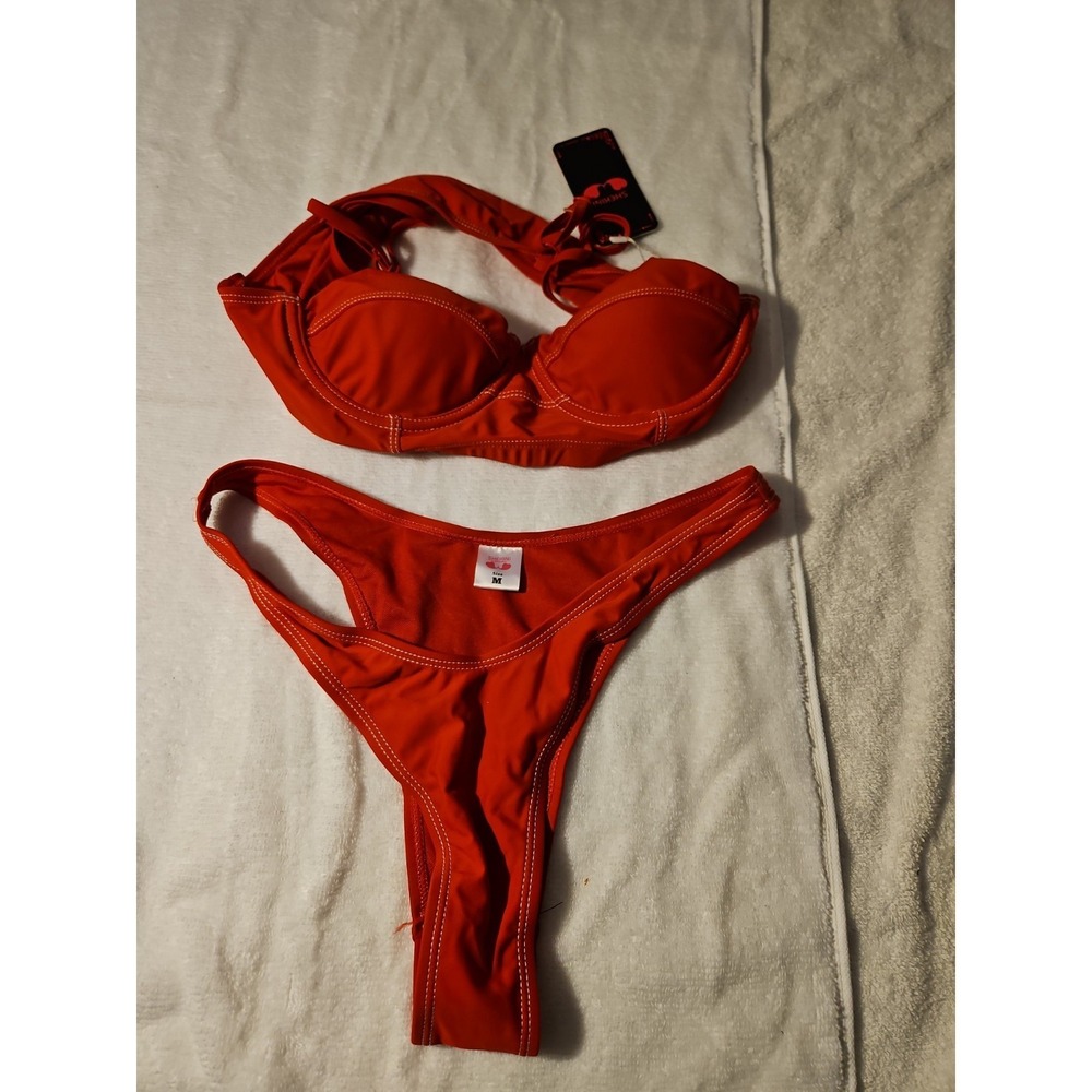 Shekini Red Underwire Bikini Set White Topstitch High Cut Swimsuit 12253-20-M